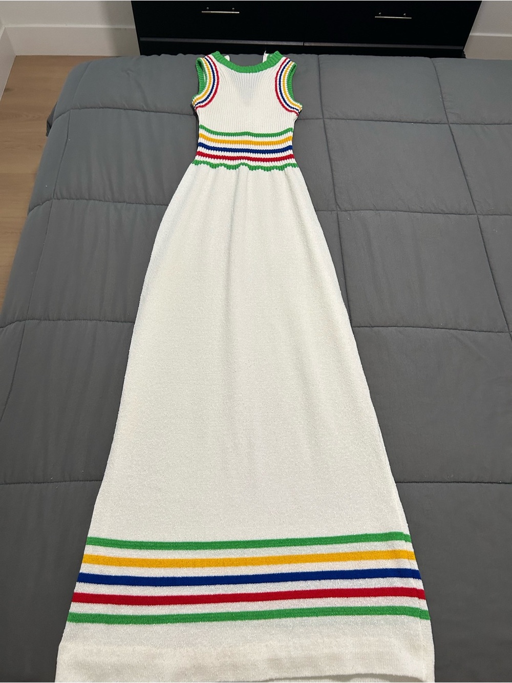 Women’s Young East 70’s-80’s White Maxi Knit Dress with Rainbow Stripes.Sz Small